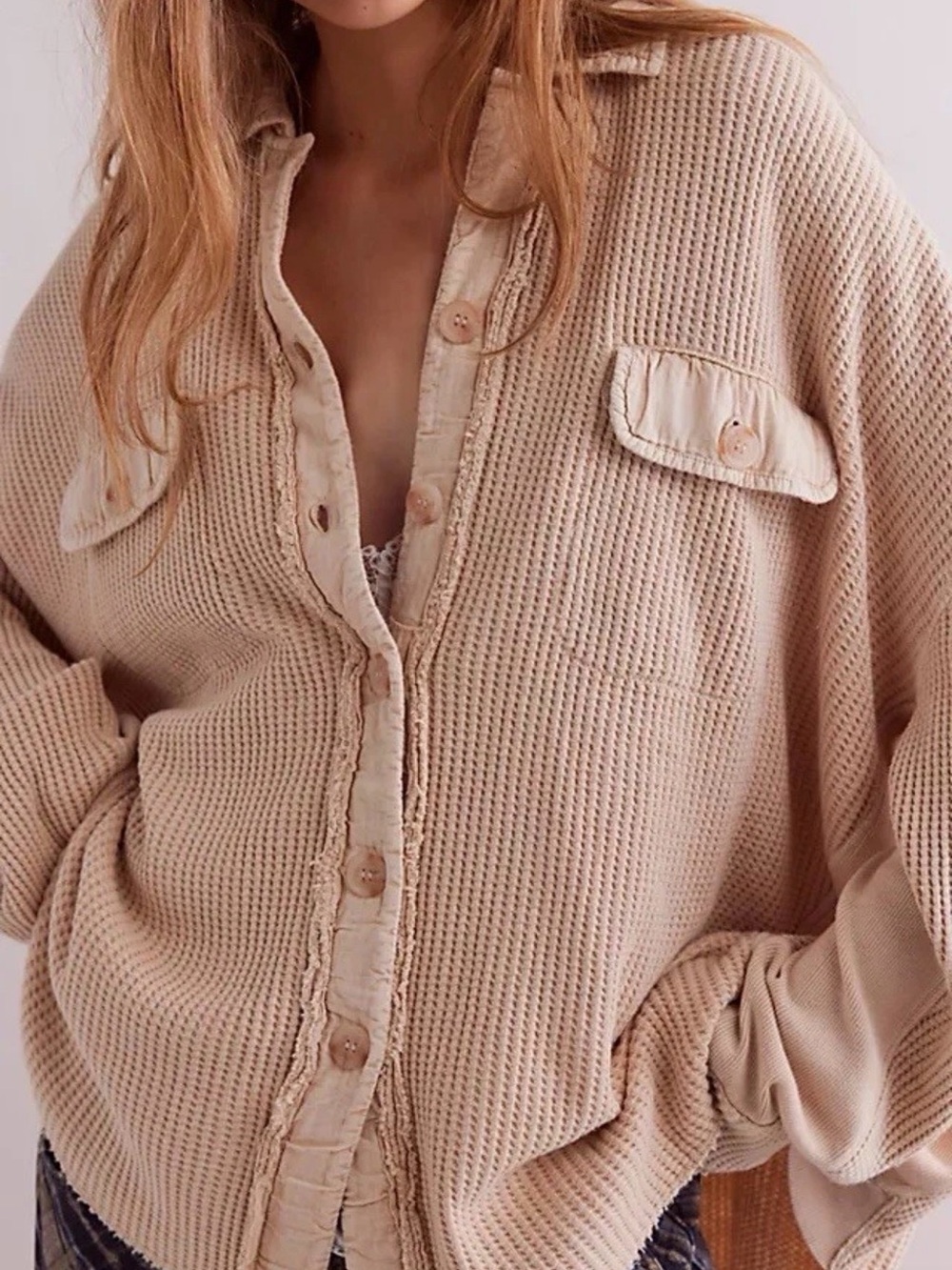 Free People Soft Beige Waffle Button-Down Oversized Shirt